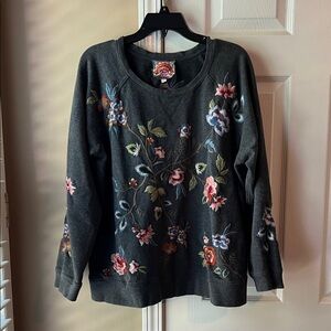 Johnny Was Gray Top with Pink and Yellow Embroidery